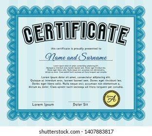 Light blue Certificate or diploma template. Customizable, Easy to edit and change colors. With great quality guilloche pattern. Sophisticated design. 