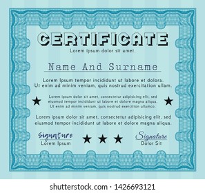 Light blue Certificate or diploma template. Money Pattern design. With guilloche pattern. Detailed. 