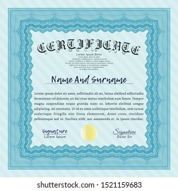 Light blue Certificate or diploma template. With guilloche pattern. Vector illustration. Excellent design. 