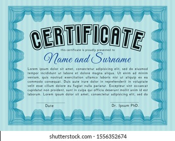 Light blue Certificate or diploma template. Excellent design. Customizable, Easy to edit and change colors. With linear background. 