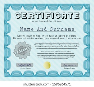 Light blue Certificate or diploma template. Beauty design. With complex background. Vector illustration. 