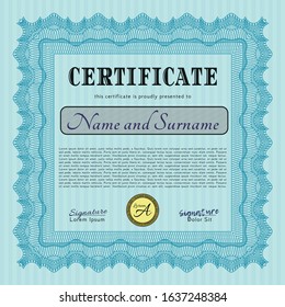 Light blue Certificate or diploma template. Customizable, Easy to edit and change colors. With guilloche pattern and background. Modern design. 