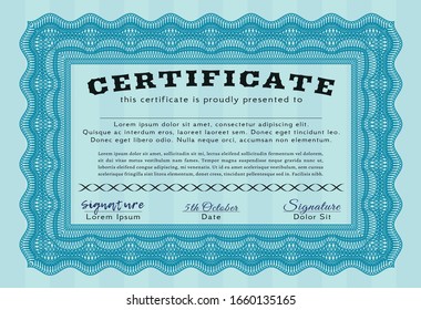 Light blue Certificate or diploma template. Excellent design. With great quality guilloche pattern. Customizable, Easy to edit and change colors. 