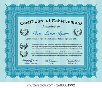 Light blue Certificate or diploma template. Superior design. With complex background. Detailed. 