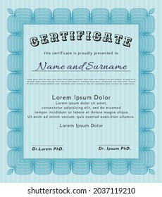 Light blue Certificate or diploma template.  Retro design.  With great quality guilloche pattern.  Detailed. 