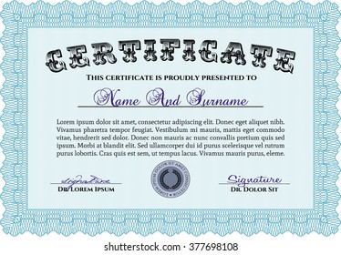 Modelo de certificado o diploma azul claro. Diseño cordial. Fácil de imprimir. Personalizable, fácil de editar y cambiar los colores. 