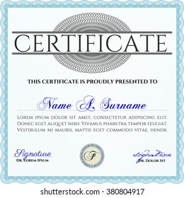 Light blue Certificate or diploma template. Border, frame. Good design. With background. 