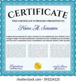 Light blue Certificate or diploma template. Customizable, Easy to edit and change colors. Cordial design. Easy to print. 