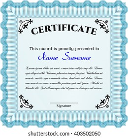 Modelo de certificado o diploma azul claro. Diseño cordial. Fácil de imprimir. Personalizable, fácil de editar y cambiar los colores. 