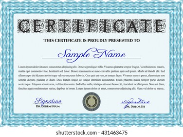 Light blue Certificate or diploma template. Customizable, Easy to edit and change colors. Easy to print. Cordial design. 