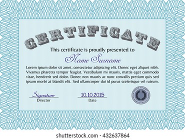 Light blue Certificate or diploma template. Cordial design. Customizable, Easy to edit and change colors. Easy to print. 