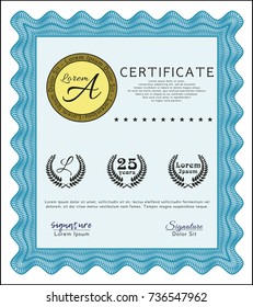 Light blue Certificate or diploma template. Complex background. Perfect design. Vector illustration. 