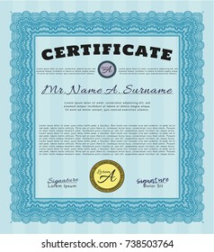 Light blue Certificate or diploma template. With complex linear background. Vector illustration. Nice design. 
