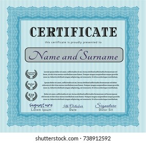 Light blue Certificate or diploma template. Excellent design. Vector illustration. With quality background. 