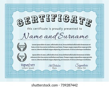 Light blue Certificate or diploma template. With complex background. Money design. Vector illustration. 