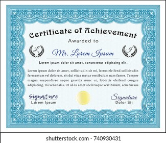 Light blue Certificate or diploma template. With linear background. Money Pattern. Detailed. 