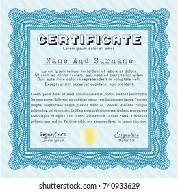 Light blue Certificate or diploma template. Vector illustration. With quality background. Nice design. 