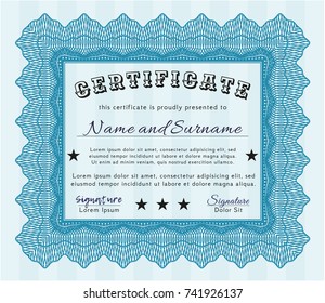 Light blue Certificate or diploma template. Detailed. With background. Superior design. 
