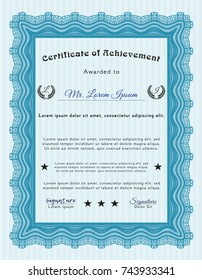 Light blue Certificate or diploma template. Cordial design. Detailed. Easy to print. 