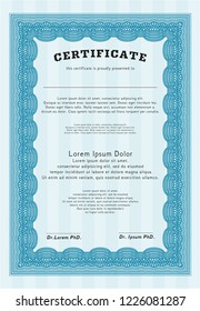 Light blue Certificate. Easy to print. Artistry design. Vector illustration. 