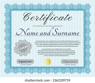 Light blue Certificate. Elegant design. With complex background. Detailed. 