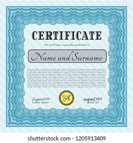 Light blue Certificate. Excellent design. Detailed. With linear background. 