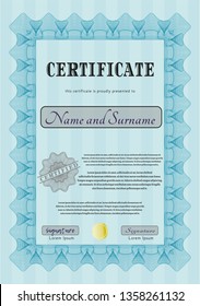 Light blue Certificate. Excellent design. Customizable, Easy to edit and change colors. With background. 