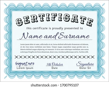 Light blue Certificate. Excellent design. Customizable, Easy to edit and change colors. With guilloche pattern and background. 