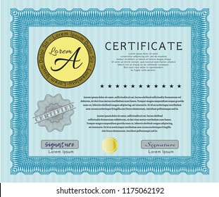 Light blue Certificate. Good design. Detailed. With complex linear background. 