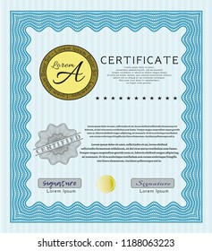 Light blue Certificate. With great quality guilloche pattern. Money Pattern. Vector illustration. 