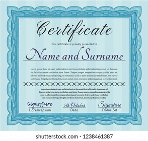 Light blue Certificate. With great quality guilloche pattern. Customizable, Easy to edit and change colors. Cordial design. 