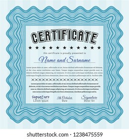 Light blue Certificate. With great quality guilloche pattern. Superior design. Vector illustration. 