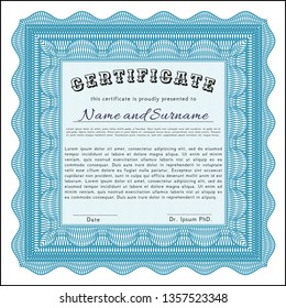 Light blue Certificate. With great quality guilloche pattern. Artistry design. Detailed. 