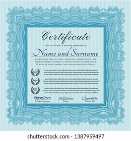 Light blue Certificate. With great quality guilloche pattern. Beauty design. Detailed. 