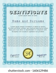 Light blue Certificate. With great quality guilloche pattern. Vector illustration. Lovely design. 