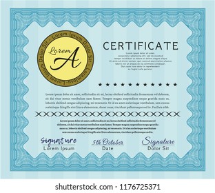 Light blue Certificate. With guilloche pattern and background. Nice design. Customizable, Easy to edit and change colors. 