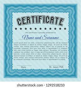 Light blue Certificate. With linear background. Vector illustration. Money Pattern. 