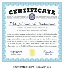 Light blue Certificate. Modern design. Vector illustration. With guilloche pattern and background. 