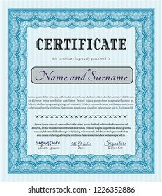Light blue Certificate. Money Pattern design. Printer friendly. Vector illustration. 