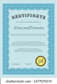 Light blue Certificate. Money Pattern design. With great quality guilloche pattern. Detailed. 