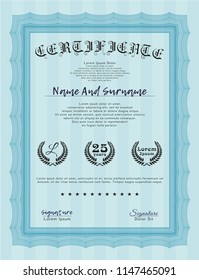 Light blue Certificate. Money style design. Detailed. With complex linear background. 