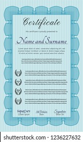 Light blue Certificate. Money style design. With guilloche pattern and background. Customizable, Easy to edit and change colors. 