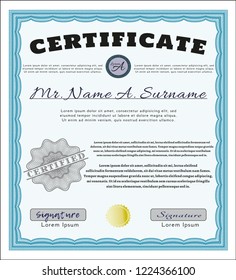 Light blue Certificate. Nice design. Vector illustration. With complex linear background. 