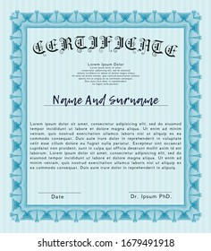 Certificado azul claro. Diseño perfecto. Fondo complejo. Detallado. 