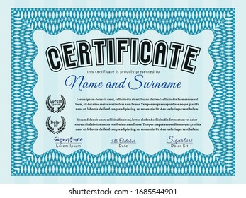 Light blue Certificate. Perfect design. Detailed. With guilloche pattern. 