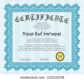 Light blue Certificate. Printer friendly. Good design. Customizable, Easy to edit and change colors. 