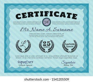 Light blue Certificate. Printer friendly. Vector illustration. Superior design. 