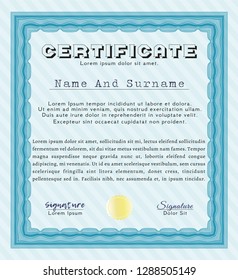 Light blue Certificate. With quality background. Vector illustration. Money style design. 