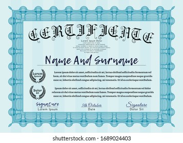 Certificado azul claro. Con un fondo de calidad. Detallado. Diseño moderno. 