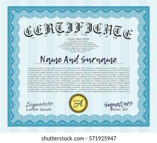 Light blue Certificate. Sophisticated design. Detailed. With guilloche pattern. 